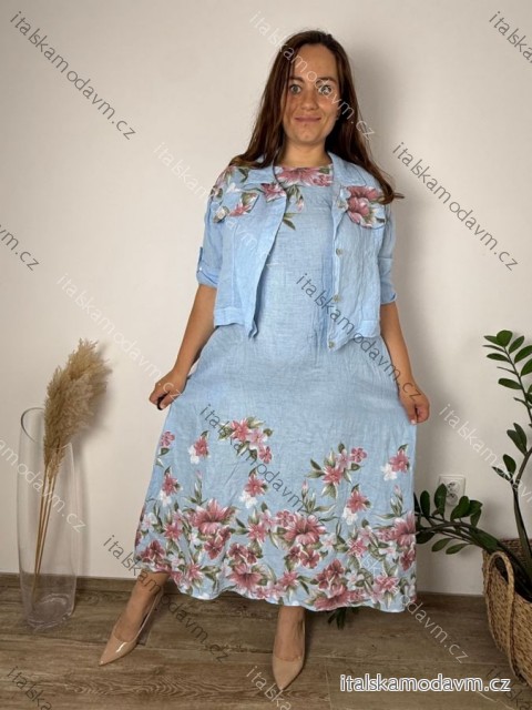 Komplet elegantní krátký rukáv dámské ¨nadrozměr FLOWER  (46/48/50 ONE SIZE) ITALSKÁ MÓDA IMPSF260001/DUR 46/48/50 svetlo modrá