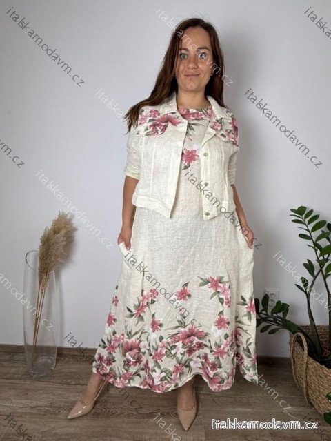 Komplet letní lněný šaty a košile dámské nadrozměr FLOWER (46/48/50 ONE SIZE) ITALSKÁ MÓDA IMPSF260001/DUR 46/48/50 béžová