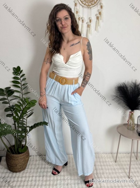 Kalhoty letní s páskem dámské TERNA  (S/M/L ONE SIZE) ITALSKÁ MÓDA IM426001356/DUR světle modrá S/M/L