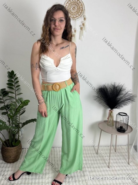 Kalhoty letní s páskem dámské TERNA  (S/M/L ONE SIZE) ITALSKÁ MÓDA IM426001356/DUR světle zelená S/M/L