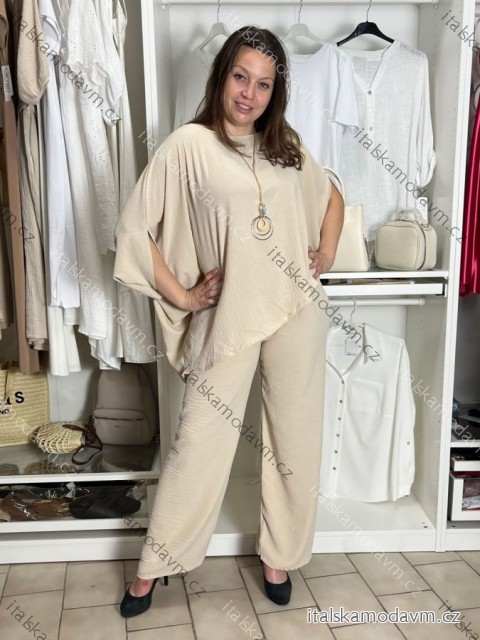 Komplet elegantní Tunika krátký rukáv a kalhoty dámské (M/L/XL ONE SIZE) ITALSKÁ MÓDA IM426235/DUR M/L/XL béžová