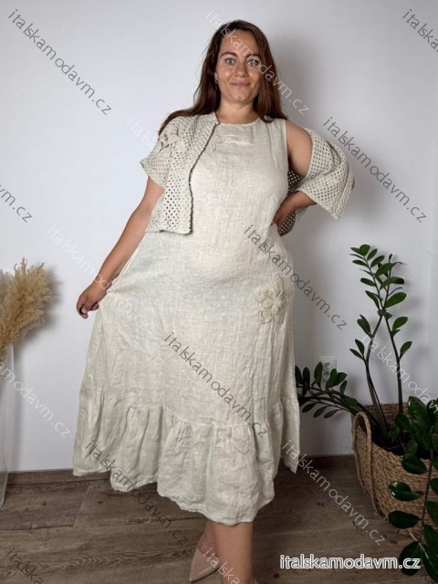 Komplet letní lněné šaty a cardigan dámské ¨nadrozměr (44/46/48 ONE SIZE) ITALSKÁ MÓDA IMPSF260004/DUR 44/46/48 béžová