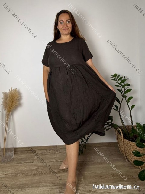 Šaty dlhé lněné letné krátky rukáv dámske nadrozmer KRYSTA (50/52/54 ONE SIZE) IMPSM251010/DUR 50/52/54 tmavo hnedá