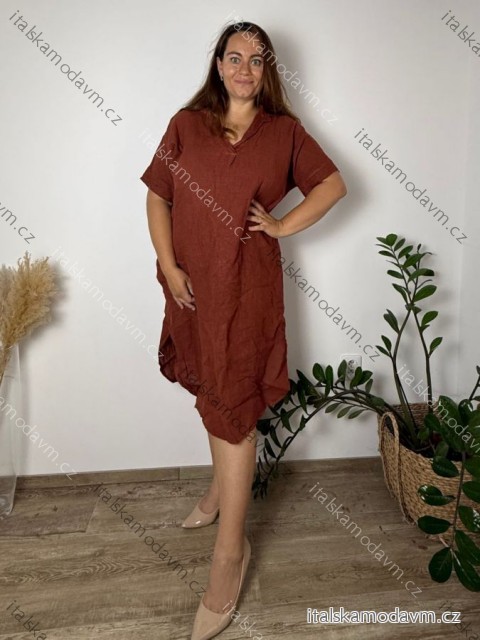 Šaty lněné letné krátky rukáv dámske nadrozmer MaRTA (52/54/56 ONE SIZE) IMPSM251011/DUR  červená tehlová