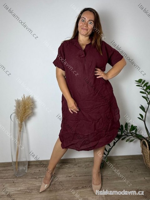 Šaty lněné letní krátký rukáv dámské nadrozměr MARTA (52/54/56 ONE SIZE) IMPSM251011/DUR 52/54/56 vínová