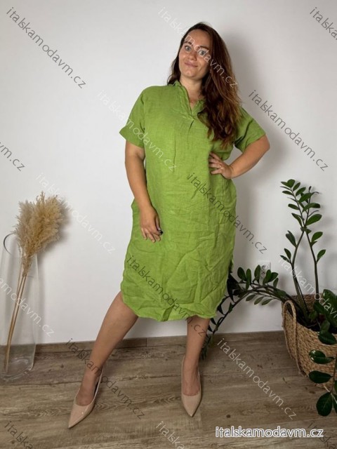 Šaty lněné letní krátký rukáv dámské nadrozměr MARTA (52/54/56 ONE SIZE) IMPSM251011/DUR 52/54/56 zelená