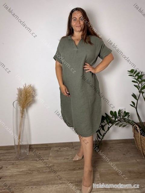 Šaty lněné letní krátký rukáv dámské nadrozměr MARTA (52/54/56 ONE SIZE) IMPSM251011/DUR 52/54/56 zelená khaki