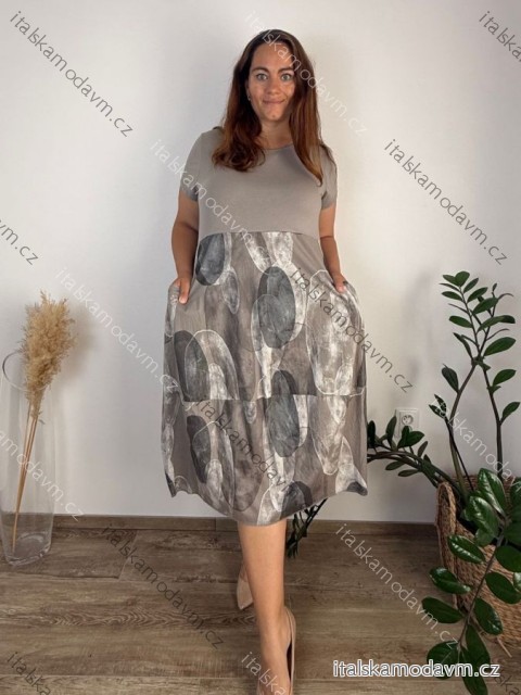 Šaty voľnočasové letné krátky rukáv dámske nadrozmer BALON (46/48/50 ONE SIZE) TALIANSKA MÓDA IMSM25078/DUR 46/48/50 hnědá světlá