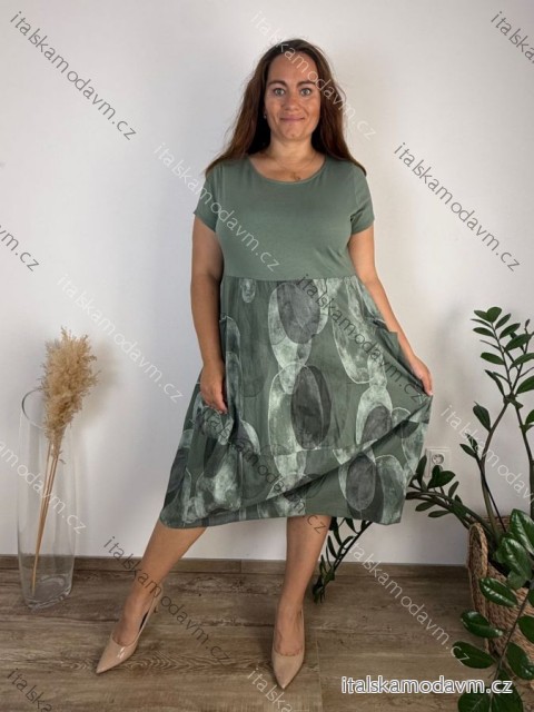 Šaty volnočasové letní krátký rukáv dámské nadrozměr BALON (46/48/50 ONE SIZE) ITALSKÁ MÓDA IMSM25078/DUR 46/48/50 zelená khaki