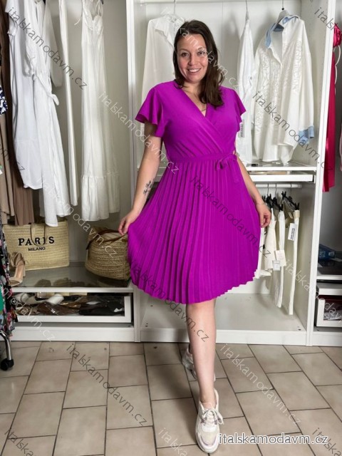 Šaty letné skládané krátky rukáv dámske (S/M/L ONE SIZE) TALIANSKA MÓDA 	 IMD251762/DUR S/M/L růžová fuchsiová