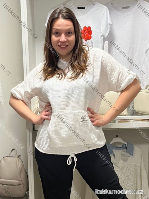 Tunika mušelínová s kapucí 3/4 rukáv dámská nadrozměr (42/44/46 ONE SIZE) ITALSKÁ MÓDA IMSM2612563