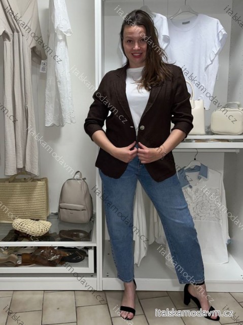 Sako lněné dlhý rukáv dámske nadrozměr SIMONE (40/42/44 ONE SIZE) TALIANSKA MÓDA IMPCS2613897/DUR  hnedá