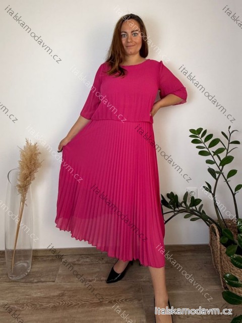Šaty dlhé skládané krátký rukáv dámske nadrozměr (50/52/54 ONE SIZE) TALIANSKA MÓDA IMWEC260002/DUR 50/52/54 růžová tmavá