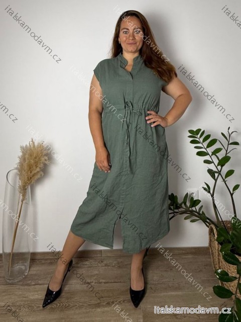 Šaty košilové lněné krátky rukáv dámske nadrozmer LUISA (44/46/48 ONE SIZE) TALIANSKA MÓDA IMSM2600010/DUR 44/46/48 zelená khaki