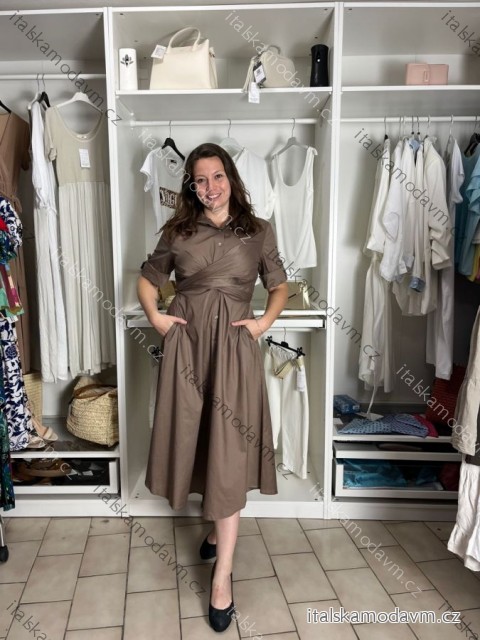 Šaty dlouhé košilové 3/4 dlouhý rukáv dámské KLEO (S/M/L ONE SIZE) ITALSKÁ MÓDA IMSM2600018/DUR S/M/L světle hnědá