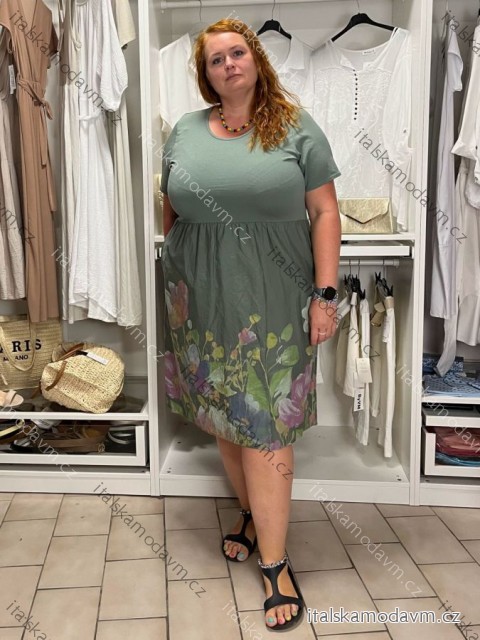 Šaty letné krátky rukáv dámske nadrozmer PAUOLA (48/50/52 ONE SIZE) TALIANSKA MÓDA IMSM2600014/DUR  zelená khaki