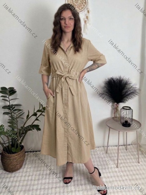 Šaty košilové klasik 3/4 dlouhý rukáv dámské OLIVIE  (M/L/XL ONE SIZE) ITALSKÁ MÓDA IMPSS268140/DUR M/L/XL béžová