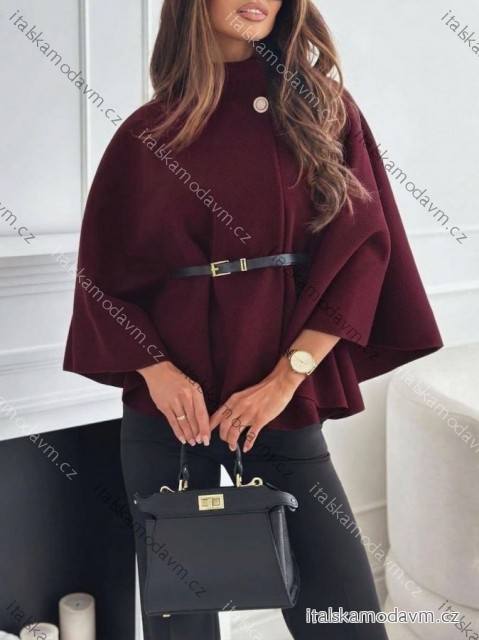 Kabát s páskem dlouhý rukáv dámský nadrozměr (S/M/L ONE SIZE) ITALSKÁ MÓDA IMD24359/DU S/M/L tmavě vínová