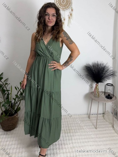 Šaty dlhé letné bez rukávu dámske nadrozmer (M/L/XL ONE SIZE) TALIANSKA MÓDA IMC26223 zelená khaki M/L/XL