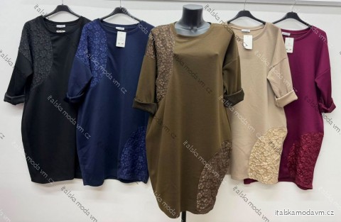 Šaty elegantní s kapsami dlouhý rukáv dámské nadrozměr (50/52/54 ONE SIZE) ITALSKÁ MÓDA IM426263