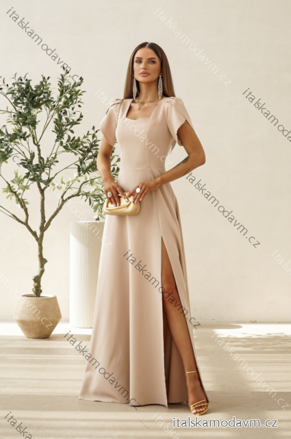Šaty dlhé elegantný krátky rukáv dámske nadrozmer (32-48) POLSKÁ MÓDA PMLWD26BELLA béžová 34