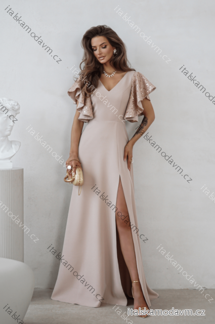 Šaty dlhé elegantné flitrové krátky rukáv dámske nadrozmer (34-50) POLSKÁ MÓDA PMLWD26MARINA béžová 44