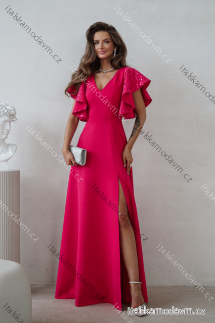 Šaty dlhé elegantné flitrové krátky rukáv dámske nadrozmer (34-50) POLSKÁ MÓDA PMLWD26MARINA5 ružová fuchsiová 46