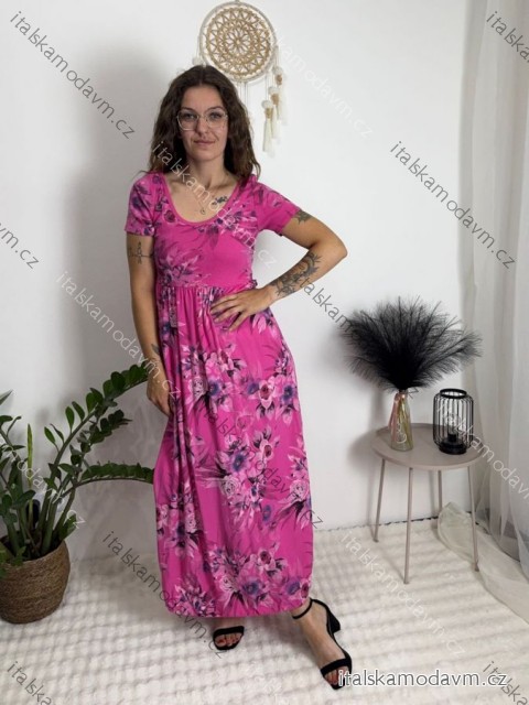 Šaty letné krátky rukáv dámske FLORA (S/M/L ONE SIZE) TALIANSKA MÓDA IMSM25019-1/DUR tmavě růžová S/M/L