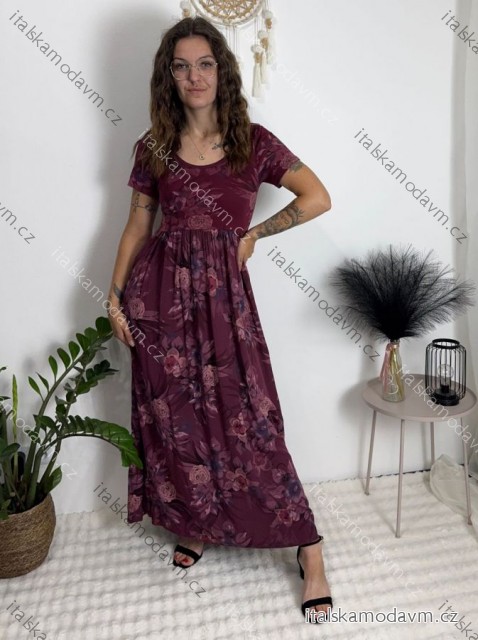 Šaty letné krátky rukáv dámske FLORA (S/M/L ONE SIZE) TALIANSKA MÓDA IMSM25019-1/DUR vínová S/M/L