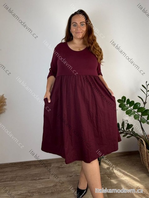 Šaty volnočasové 3/4 dlouhý rukáv dámské nadrozměr (48/50/52 ONE SIZE) ITALSKÁ MÓDA IM426261/DUR  vínová
