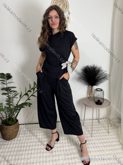 Súprava elegantná blúzka krátky rukáv a nohavice dámske  (S/M/L ONE SIZE) TALIANSKA MÓDA IMC261010/DR čierna S/M/L