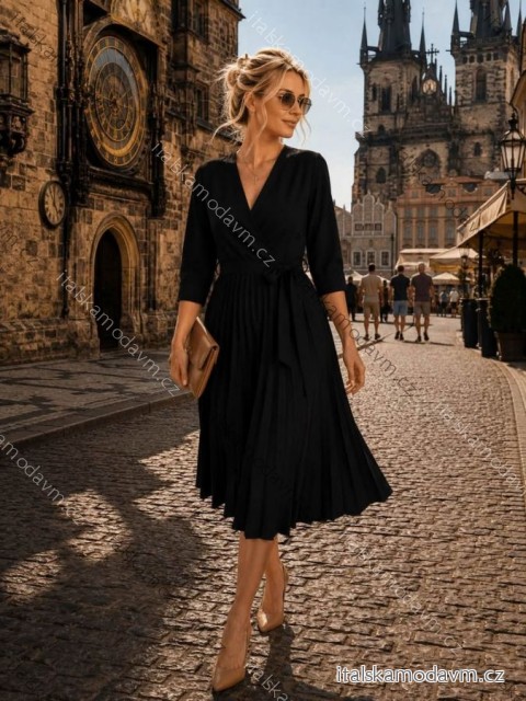 Šaty elegantné s plesovanou sukňou dlhý rukáv dámske (S/M/L ONE SIZE) TALIANSKA MÓDA IMD26142