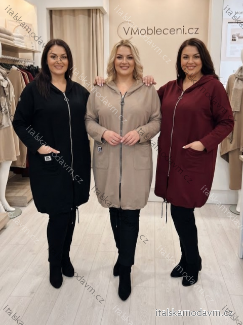 Mikina prodloužená s kapucí na zip dlouhý rukáv dámská nadrozměr (52/54/56 ONE SIZE) ITALSKÁ MÓDA IM426081/DUR sv. hnědá 52/54/56