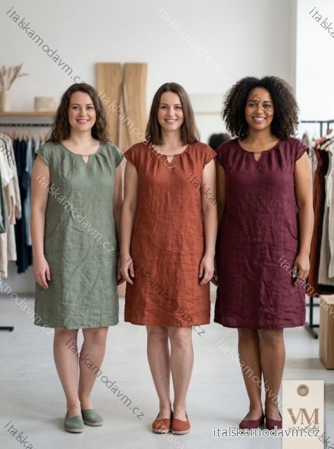 Šaty lněné letné krátky rukáv dámske nadrozmer  (44/46/48 ONE SIZE) TALIANSKA MÓDA IMSMFA2620365/DR červená tehlová 44/46/48