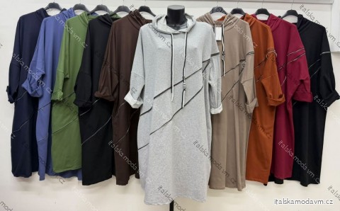 Šaty mikinové s kapucí dlouhý rukáv dámské nadrozměr (54/56/58 ONE SIZE) ITALSKÁ MÓDA IM426393